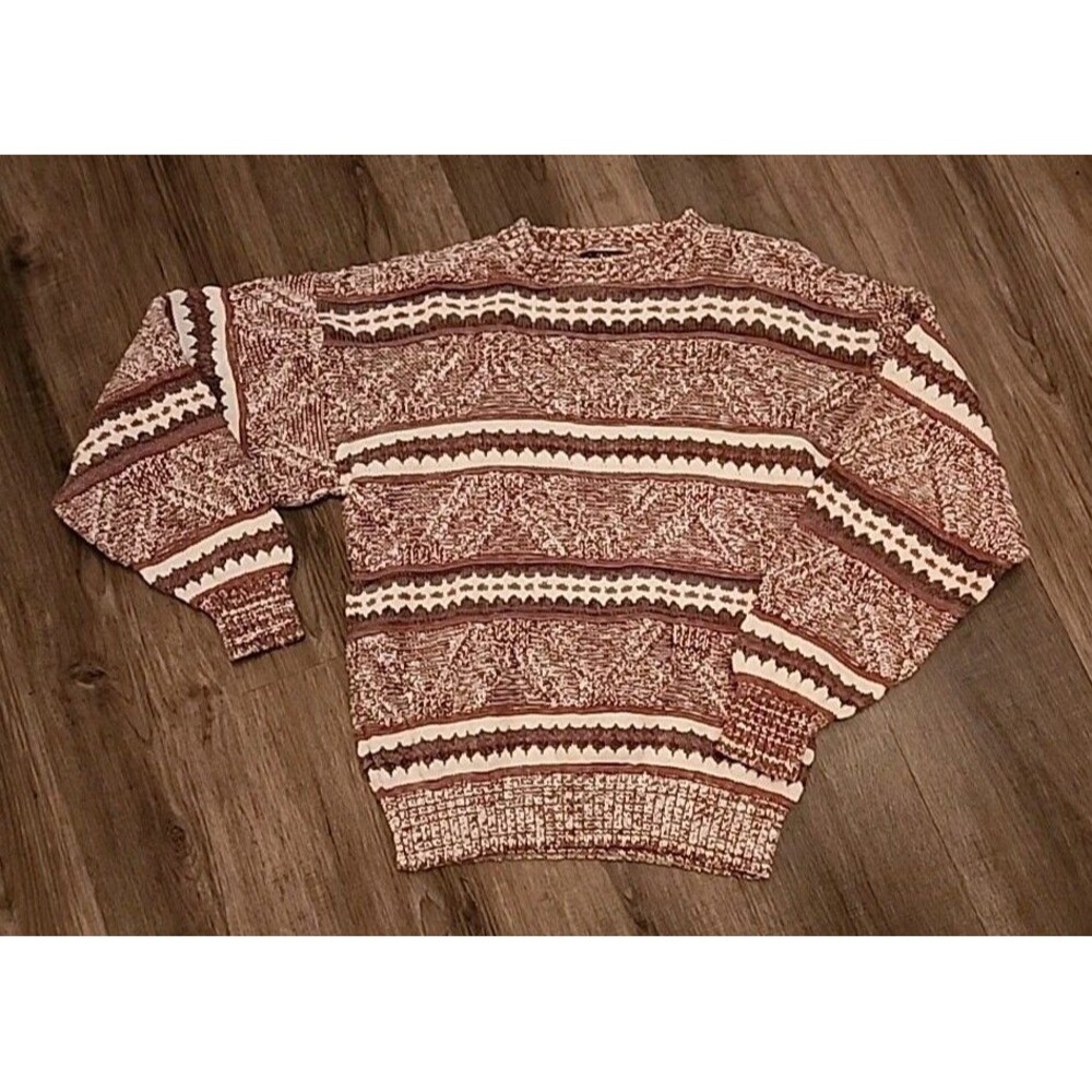 Robinson's Sweater Small Brown Strips Grandma Chunky Knit Oversize Made In USA